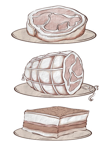 手绘线性猪肉熟食复古风肘子食材元素组合