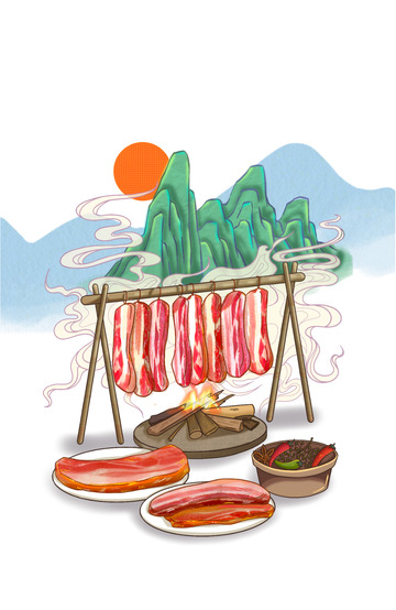 手绘国潮腊肉熏肉制作过程场景元素