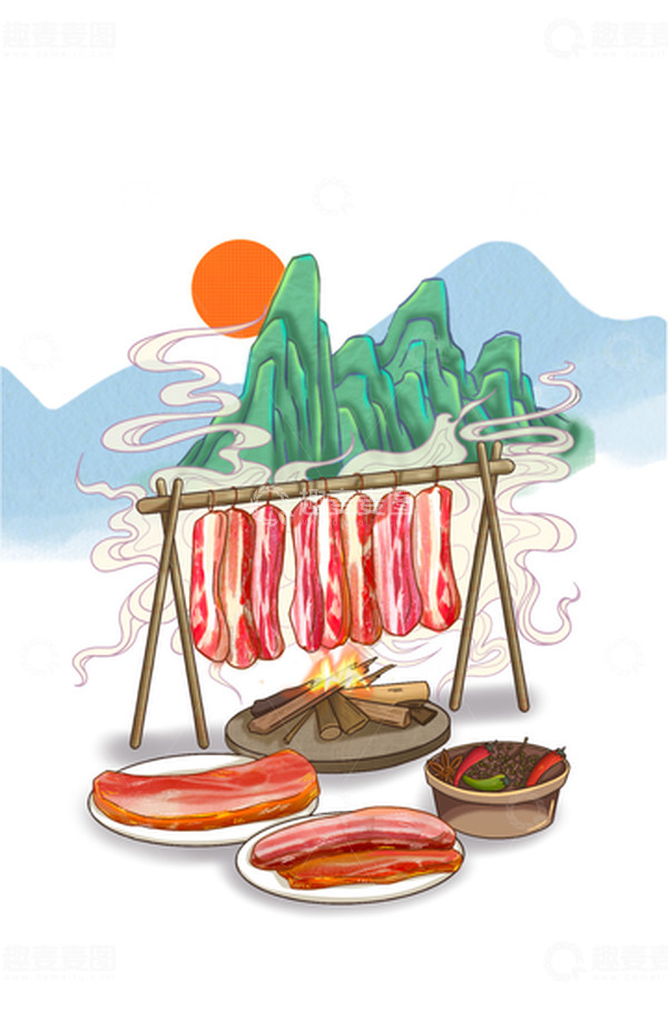源文件下载【趣麦麦图】手绘国潮腊肉熏肉制作过程场景元素