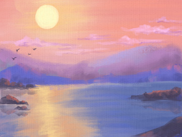 油画风夏日大暑风景日落浪漫氛围背景