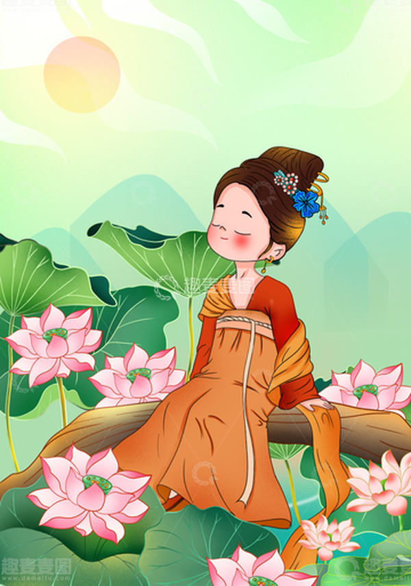 源文件下载【趣麦麦图】手绘大暑古风插画荷塘莲花