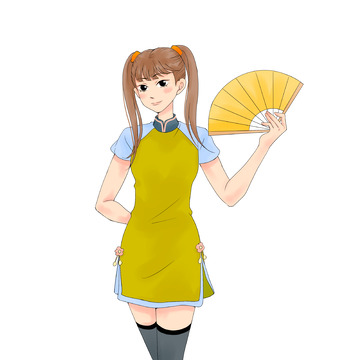 国潮女孩手拿扇子