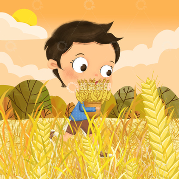 源文件下载【趣麦麦图】金黄色麦田小男孩手抱麦穗立秋手绘背景图