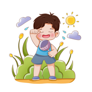 大暑夏天热男孩手绘插画