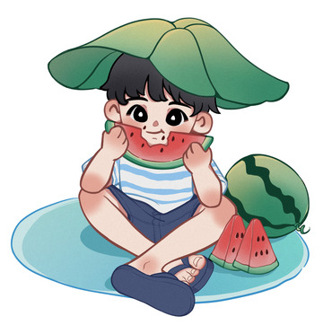 大暑吃西瓜的小孩