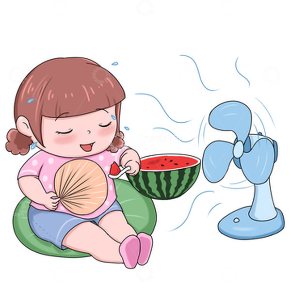 大暑吃西瓜吹风扇解暑