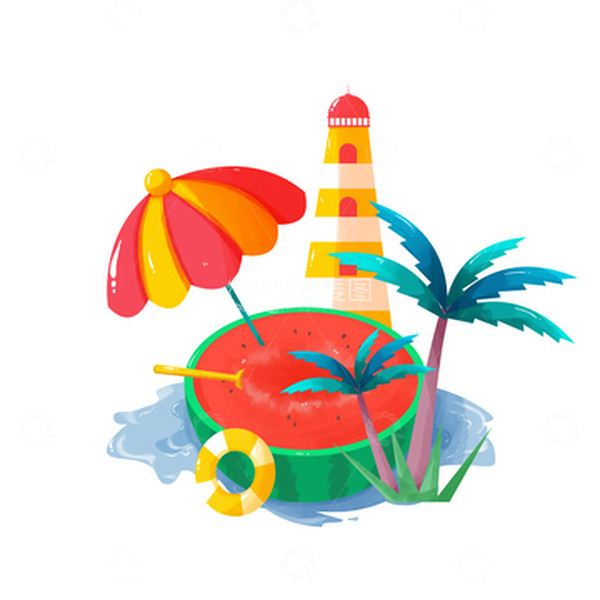 源文件下载【趣麦麦图】小清新简约夏季海滩西瓜解暑