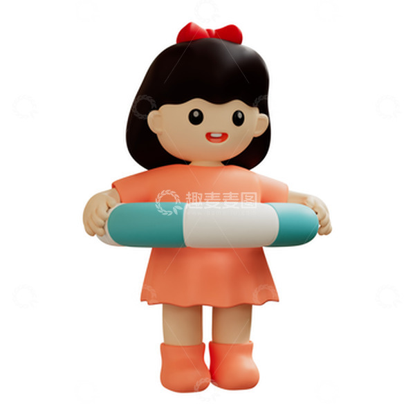 源文件下载【趣麦麦图】3D卡通夏天拿着游泳圈的女孩