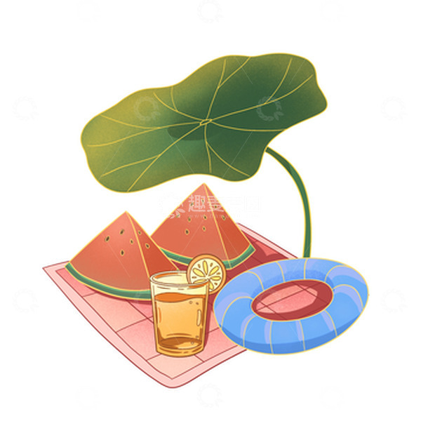 源文件下载【趣麦麦图】夏至国潮荷花西瓜游泳圈