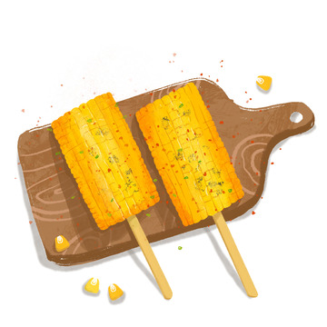 手绘烧烤玉米包谷砧板手账元素