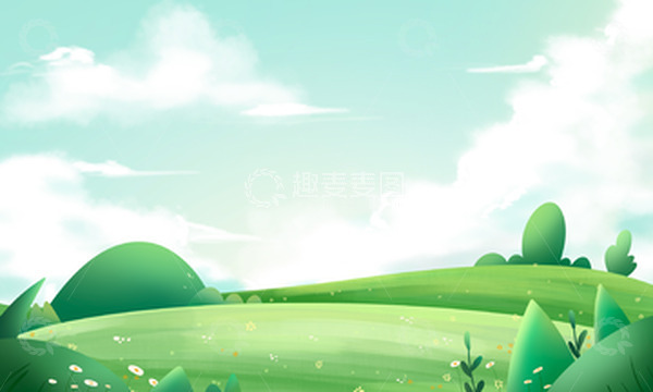 源文件下载【趣麦麦图】手绘春天夏季花草蓝天白云草坪春游海报背景