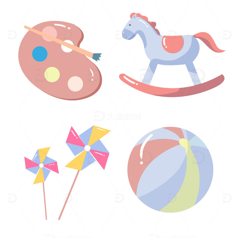 源文件下载【趣麦麦图】简约儿童木马皮球玩具