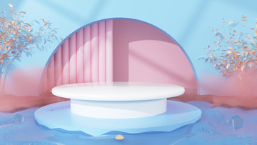 夏日清新粉蓝色C4D电商立体海报背景图