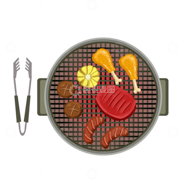 源文件下载【趣麦麦图】烧烤圆形烤炉鸡腿香肠玉米