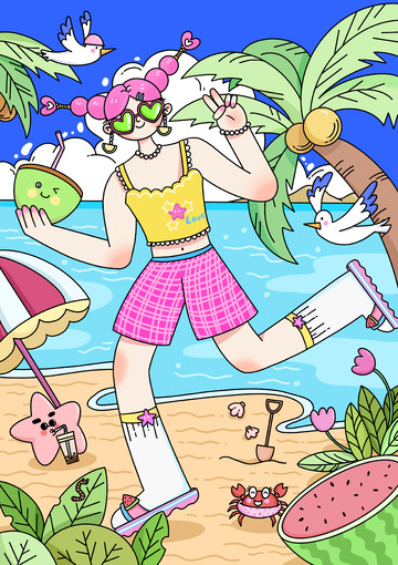 夏日多巴胺海边玩耍场景