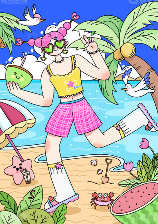 源文件下载【趣麦麦图】夏日多巴胺海边玩耍场景