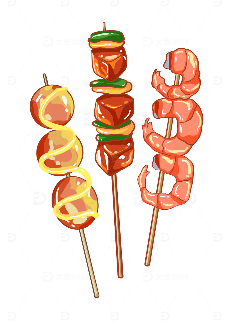 源文件下载【趣麦麦图】夏日烧烤丸子虾仁肉串