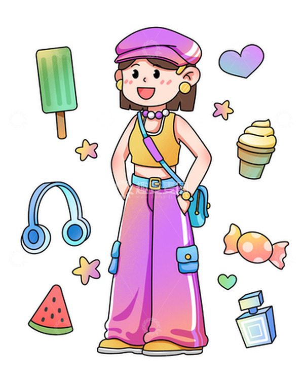 源文件下载【趣麦麦图】-卡通夏日多巴胺女孩元素