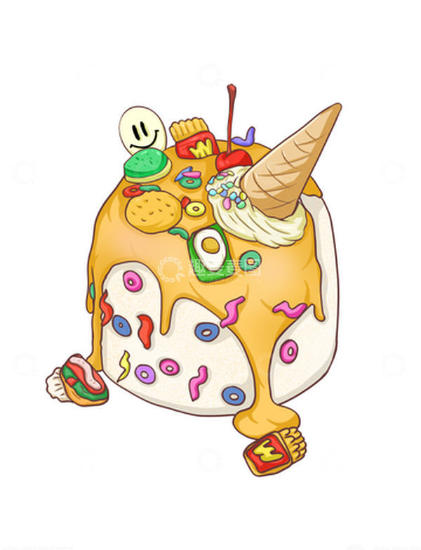 源文件下载【趣麦麦图】夏日多巴胺黄色甜筒蛋糕美食手绘图