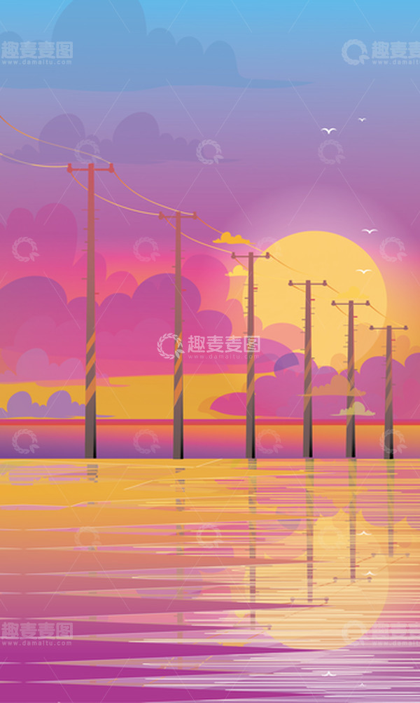 源文件下载【趣麦麦图】紫色梦幻湖面落日插画
