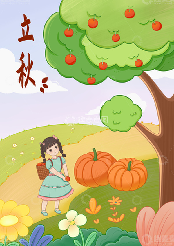 源文件下载【趣麦麦图】立秋海报人物收获小场景