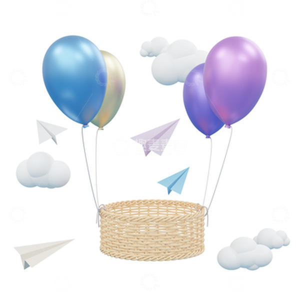 源文件下载【趣麦麦图】漂浮的气球篮筐纸飞机3D立体装饰元素