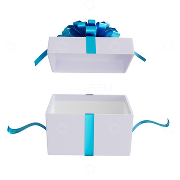 源文件下载【趣麦麦图】3D立体打开的蓝色彩带白色礼品盒