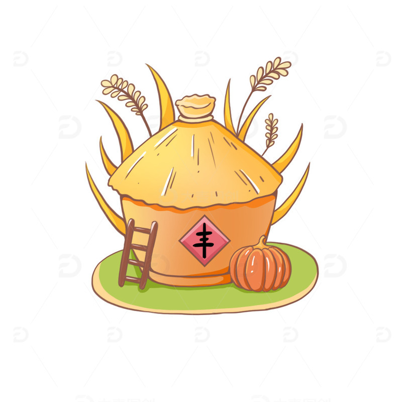 立秋粮仓谷穗丰收南瓜梯子手绘插画