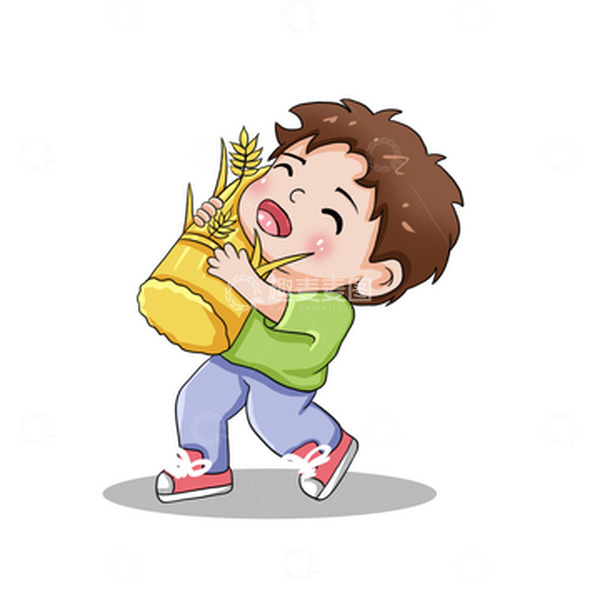 源文件下载【趣麦麦图】立秋秋天丰收稻穗男孩手绘插画