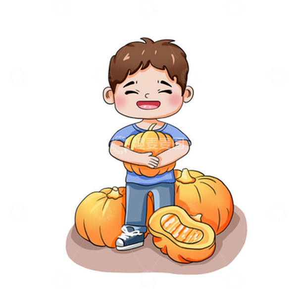 源文件下载【趣麦麦图】立秋秋天男孩南瓜丰收手绘插画