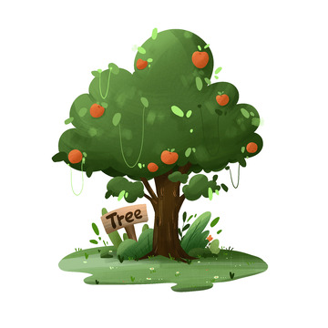 手绘卡通苹果树木绿植草坪插画场景元素