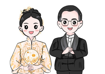 中式风手绘可爱情侣人物卡通元素