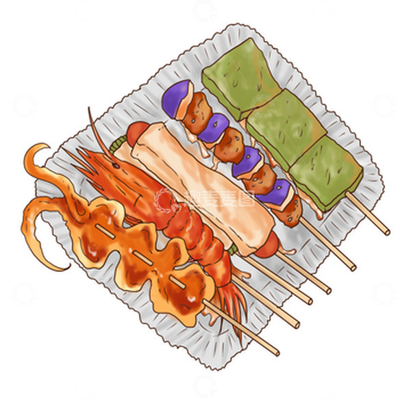 源文件下载【趣麦麦图】烧烤烤串鱿鱼麻辣小红虾茄子烤肉