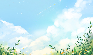 手绘蓝天白云绿植夏季小清新插画背景