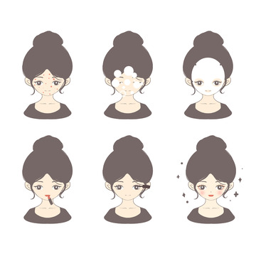 手绘扁平女生人物护肤化妆流程