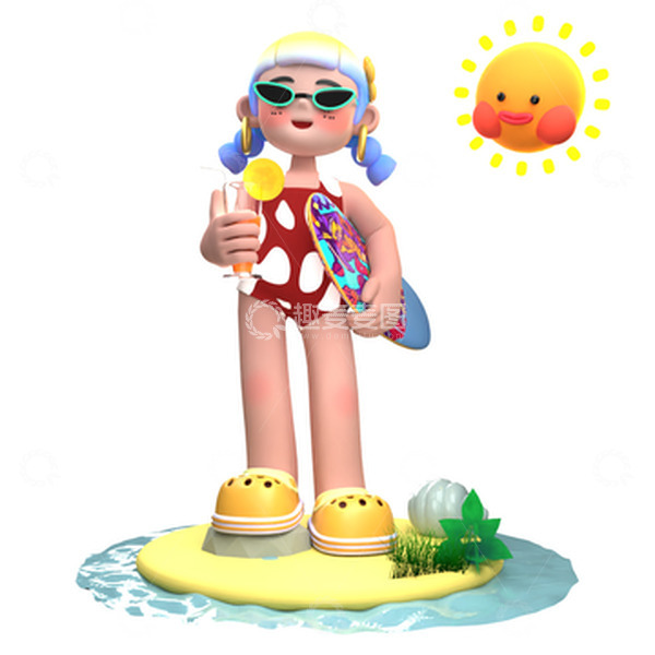 源文件下载【趣麦麦图】3D卡通夏日海滩冲浪滑板女孩度假避暑