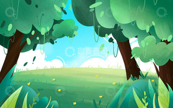 源文件下载【趣麦麦图】手绘春天户外草坪树林绿植插画海报背景