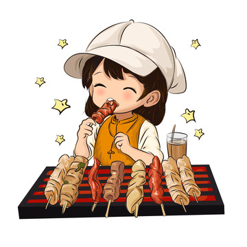 橘黄色卡通人物吃烧烤夏季烧烤摊素材