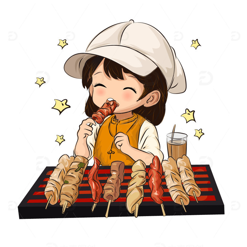 源文件下载【趣麦麦图】橘黄色卡通人物吃烧烤夏季烧烤摊素材