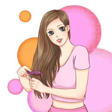 手绘美容护发梳头美女海报元素