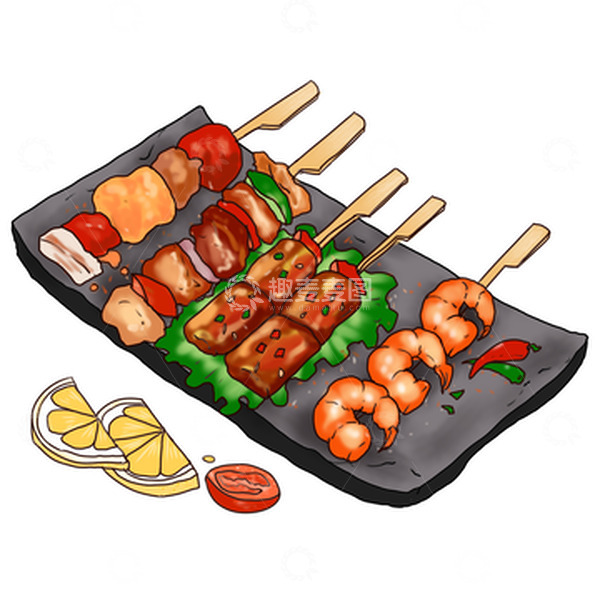 源文件下载【趣麦麦图】烧烤烤串烤盘烤虾米烤肉麻辣酸爽