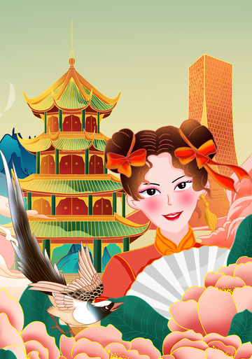 手绘国潮美女插画海报背景