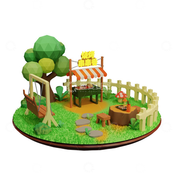 源文件下载【趣麦麦图】3D烧烤公园场景摆摊户外场所聚会休闲