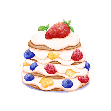 水彩奶油松饼蛋糕草莓蓝莓芒果甜品