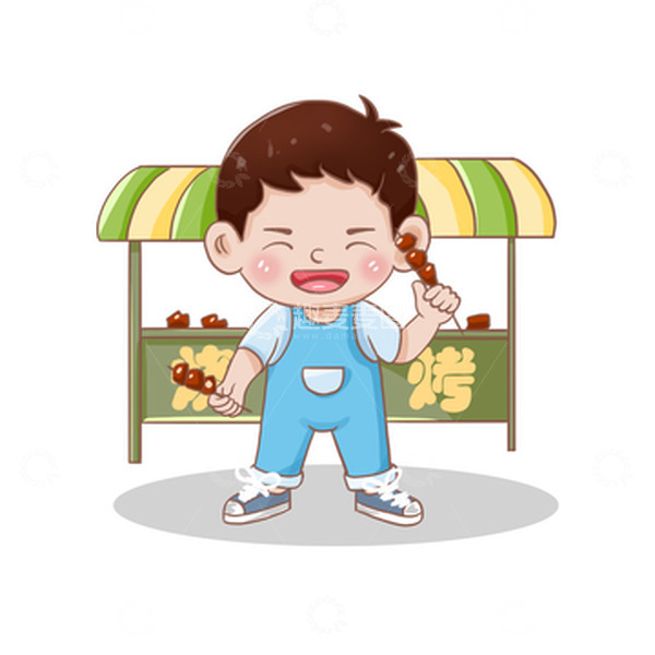 源文件下载【趣麦麦图】烧烤场景烤肉烤串小男孩手绘插画