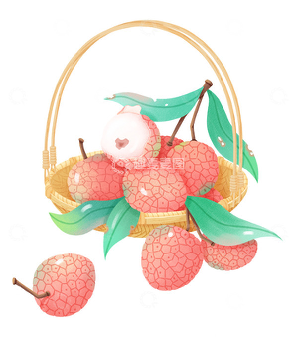 源文件下载【趣麦麦图】-清新手绘水果饱满多汁荔枝篮子一筐粉色果实