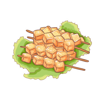 烤鱼豆腐手绘插画夏天烧烤