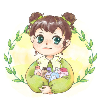 手绘纯植物绿色护肤品美容美肤免扣元素