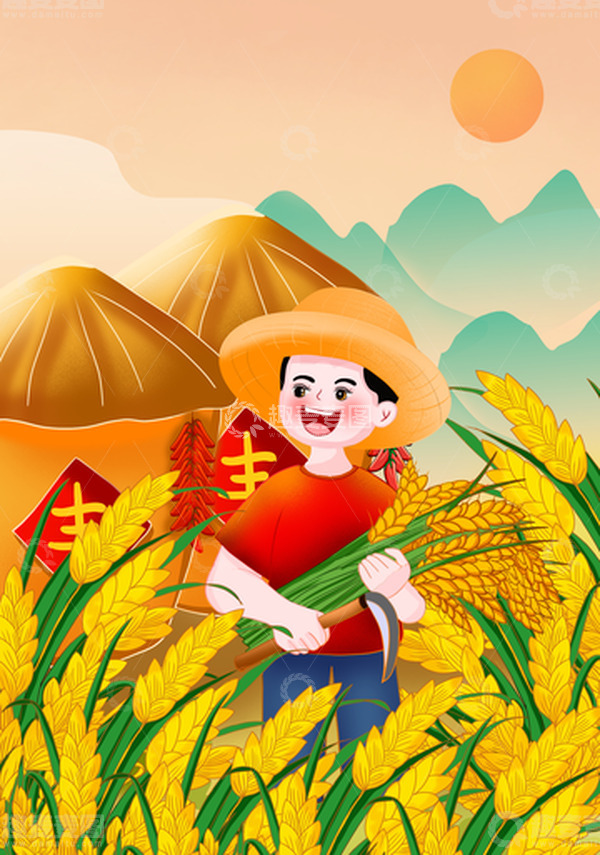 源文件下载【趣麦麦图】手绘秋收场景海报插画背景