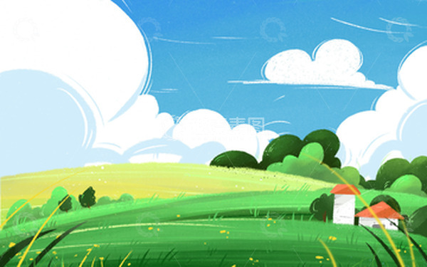 源文件下载【趣麦麦图】手绘春天夏天蓝天白云草地户外插画背景